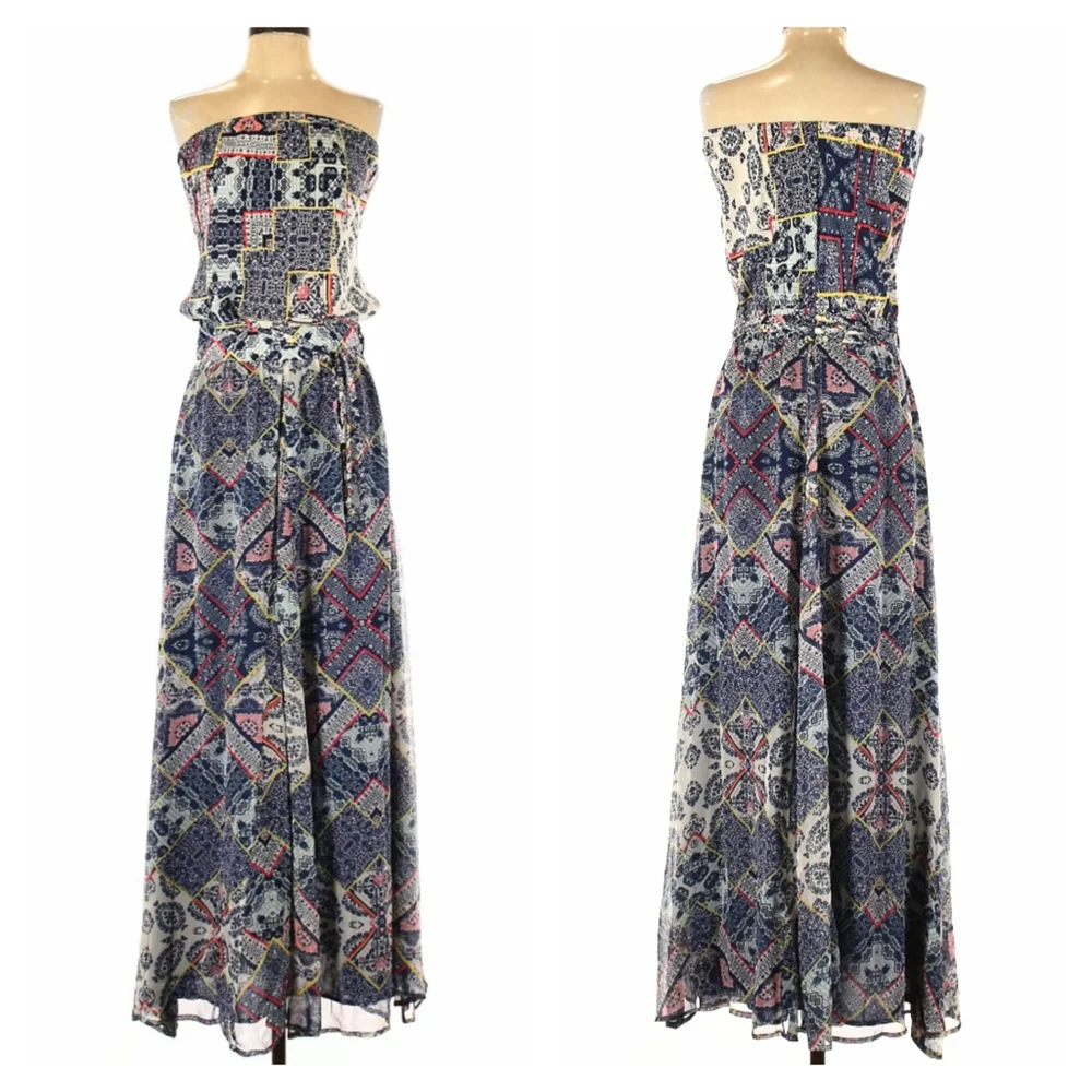 Silk Maxi Dress XS - Revolve Gypsy 05 Adari Boho Paisley Printed Strapless